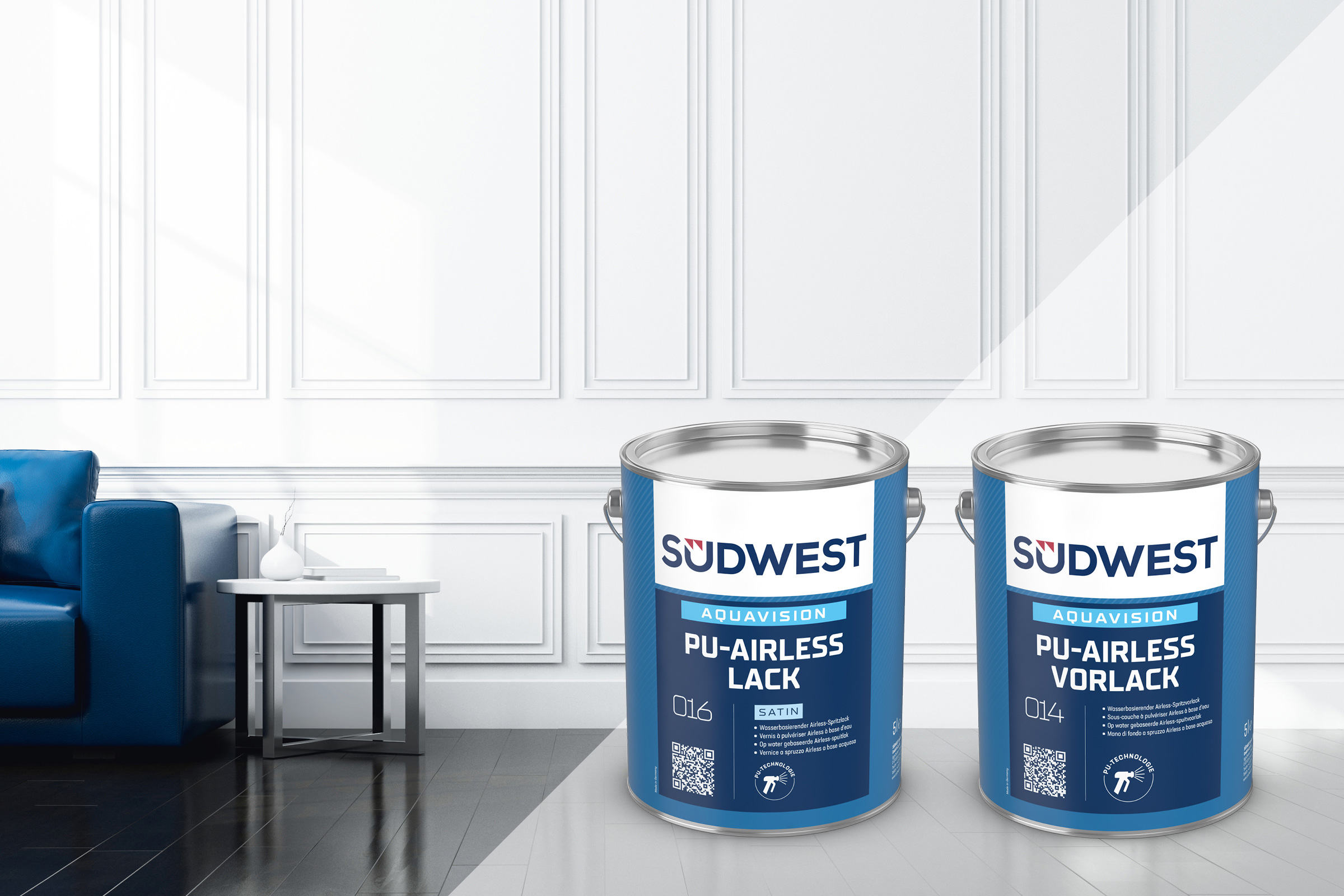 white wood wall in the interior and box illustrations AquaVision PU-Airless Lacke