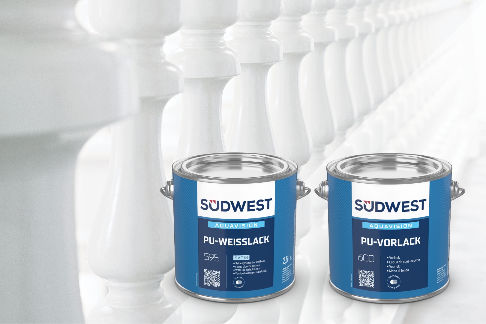 white wooden railing and package illustrations of AquaVision PU-Weißlack und AquaVision PU-Vorlack 