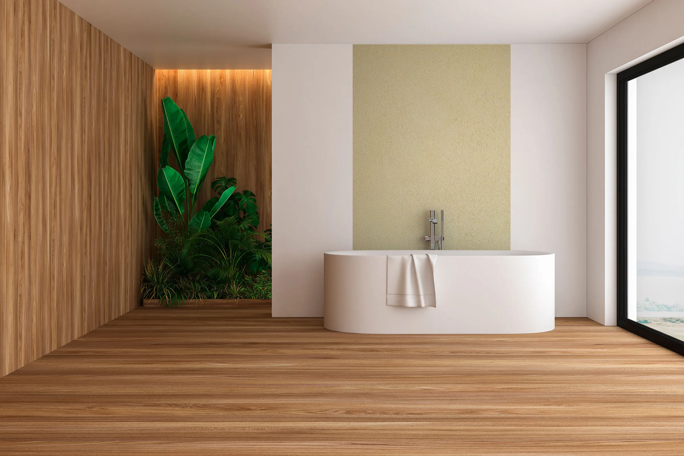 Badezimmer mit heller Wand, schwarzen Fensterrahmen und Holzboden. Moderne freistehende Badewanne