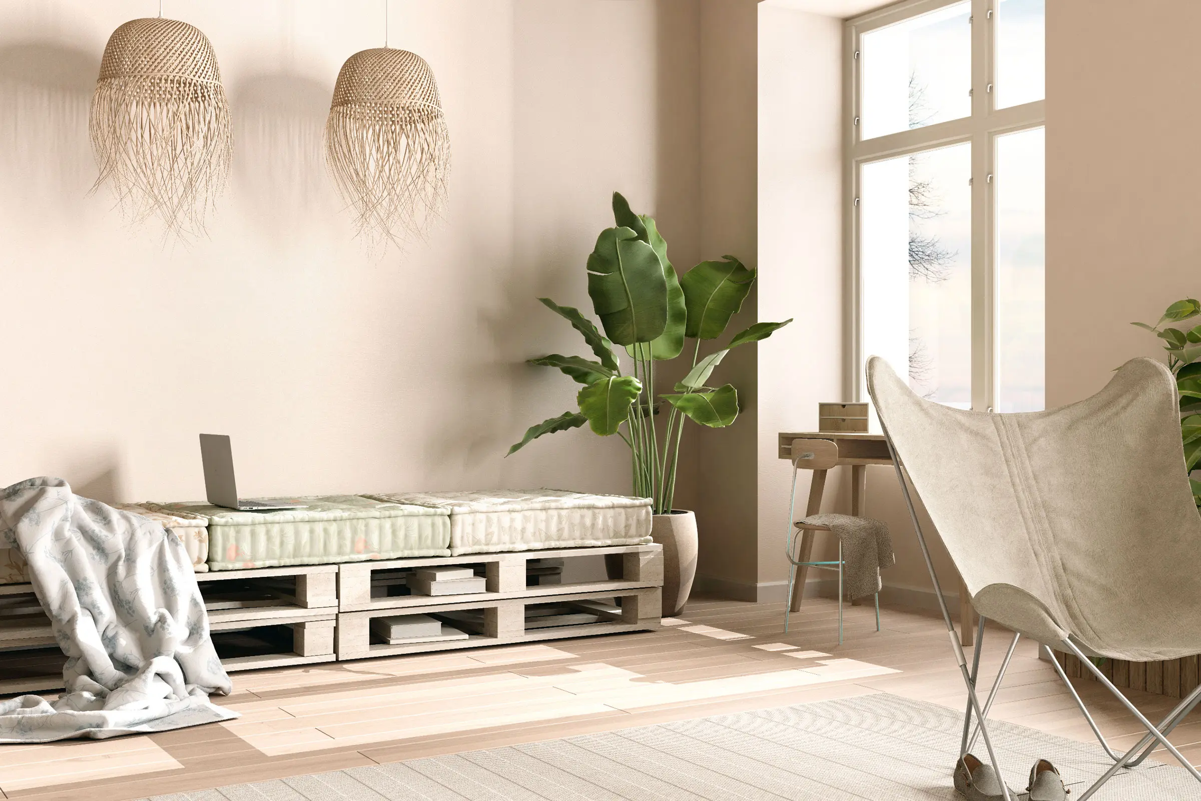 heller Wohnraum im Altbaustil mit Palettenmöbel´n