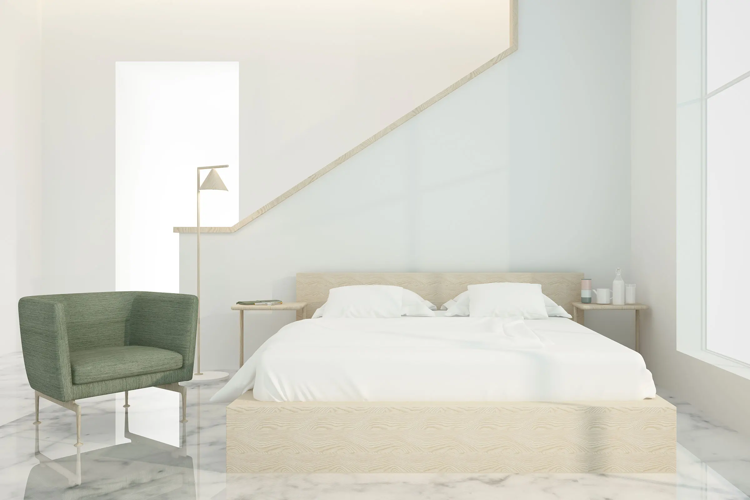 Schlafzimmer mit heller Wandgestaltung und heller Einrichtung. 