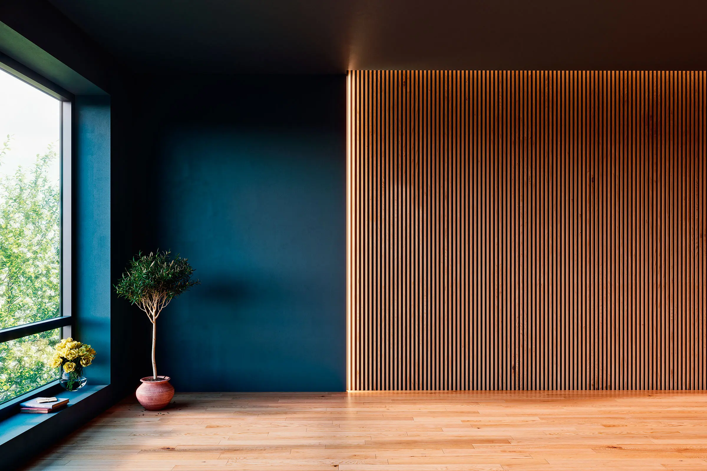 Innenraum mit dunkler Wandgestaltung und Holzverbretterung