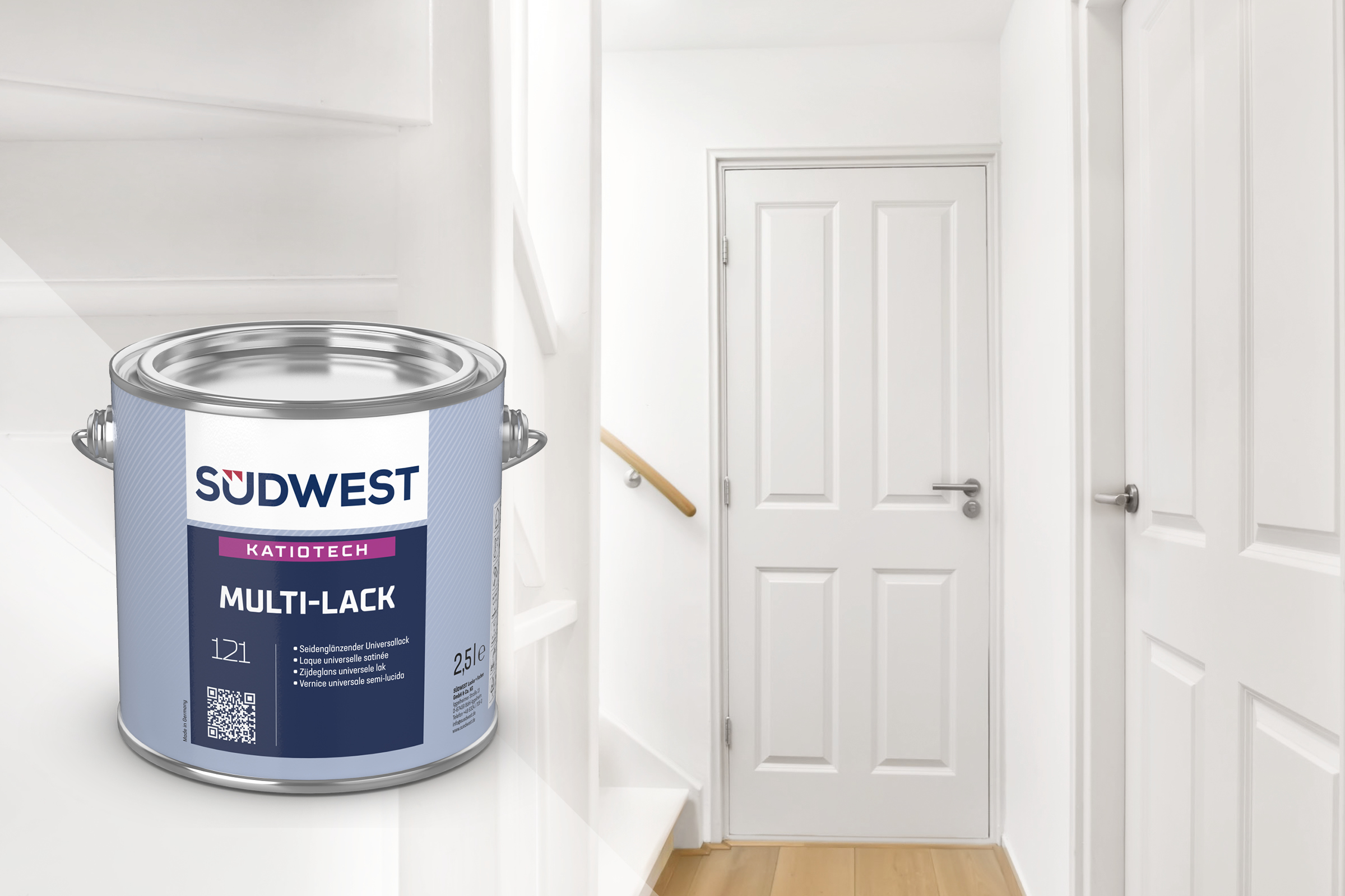 weoér Flur mit Treppenaufgang und zwei Türen, Gebindeabbildung KATIOTECH Multi-Lack